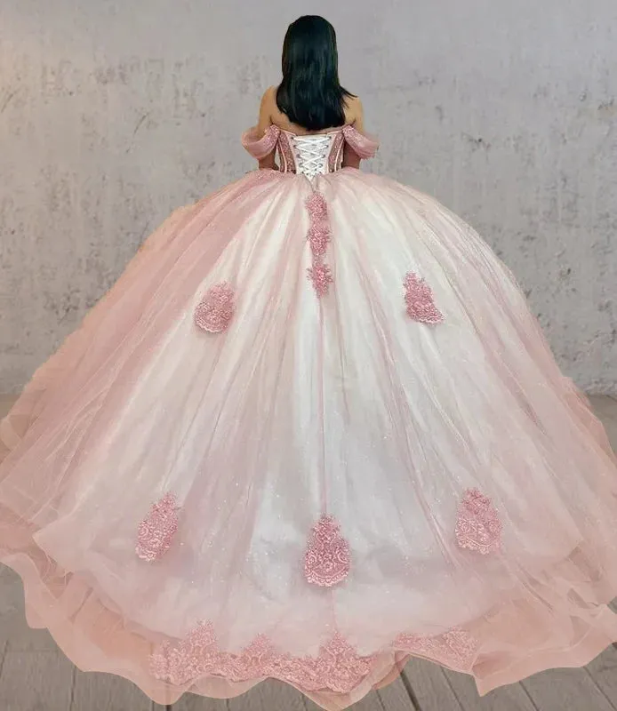 Pink Quinceanera Dresses Off The Shoulder with Appliques sold by KissProm product image thumbnail 2