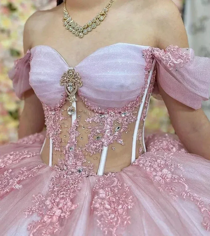 Pink Quinceanera Dresses Off The Shoulder with Appliques sold by KissProm product image thumbnail 3