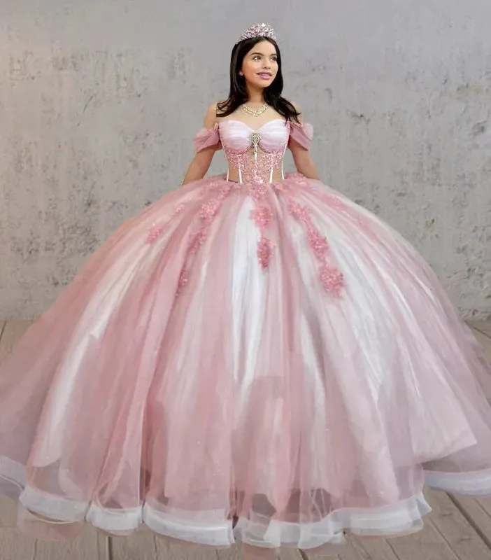 Pink Quinceanera Dresses Off The Shoulder with Appliques sold by KissProm