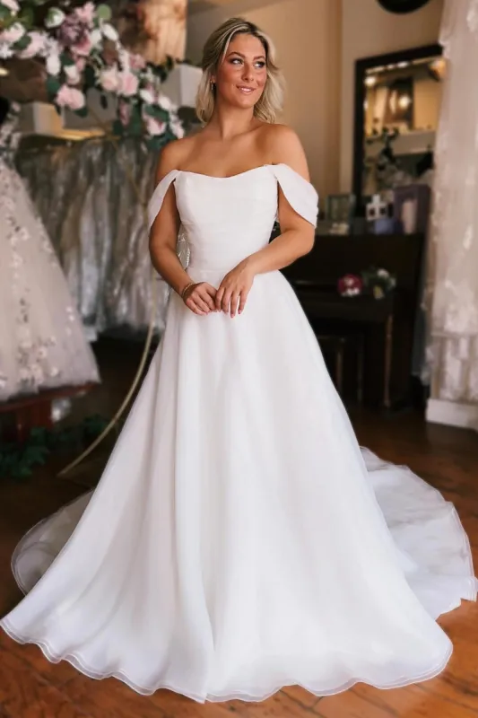 Elegant White Off-the-Shoulder Long Wedding Dress with Slit sold by KissProm
