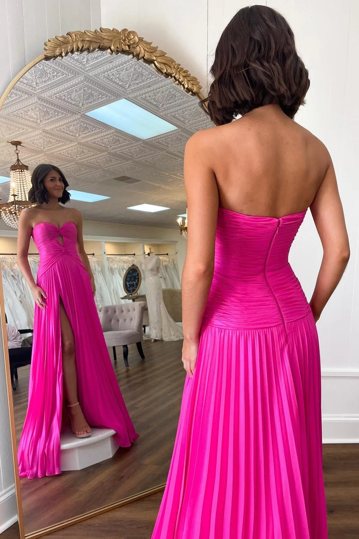 Hot Pink Strapless Keyhole Pleated A-Line Prom Dress sold by KissProm product image thumbnail 3