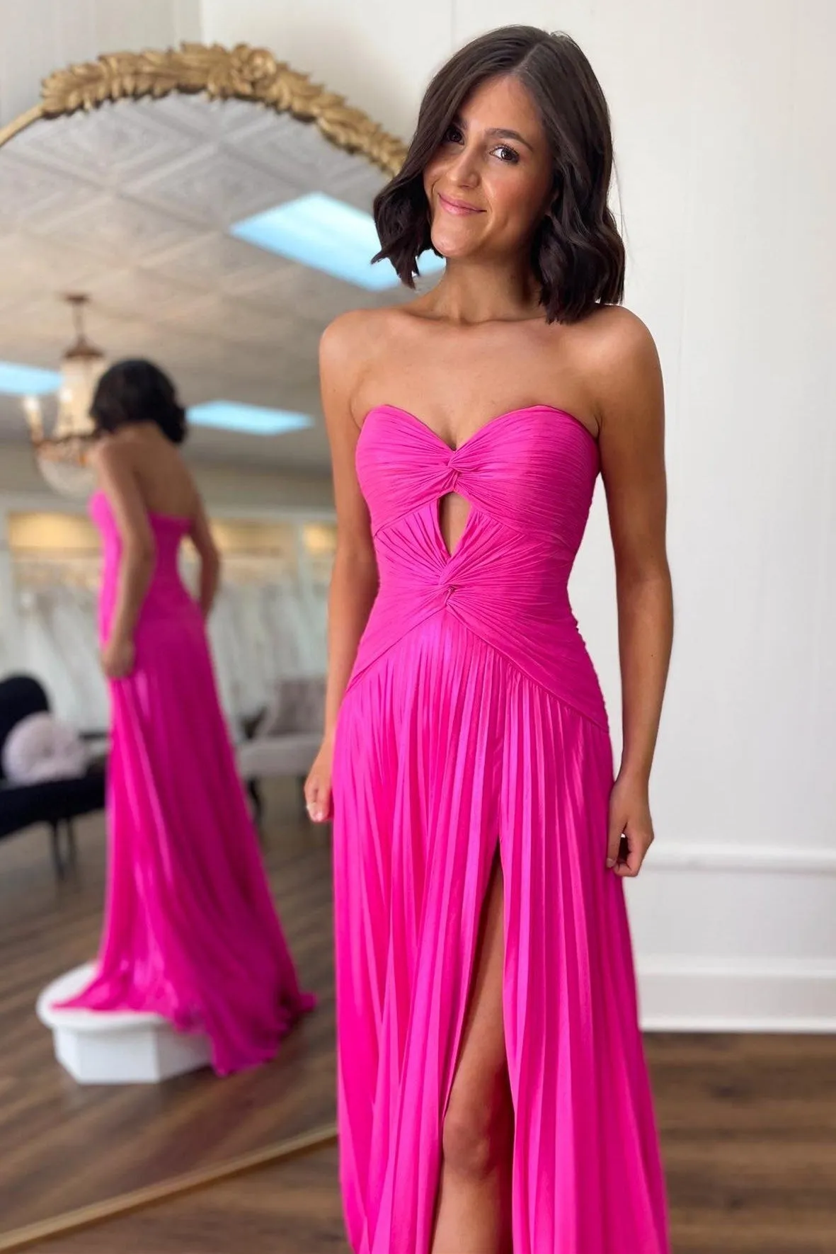 Hot Pink Strapless Keyhole Pleated A-Line Prom Dress sold by KissProm product image thumbnail 2
