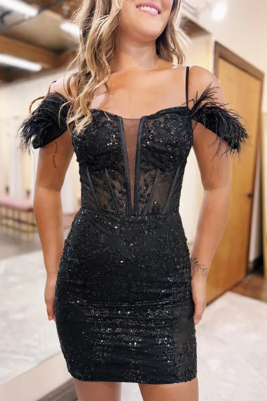Sheath Off-Shoulder Feathers Appliques Lace-Up Homecoming Dress sold by KissProm