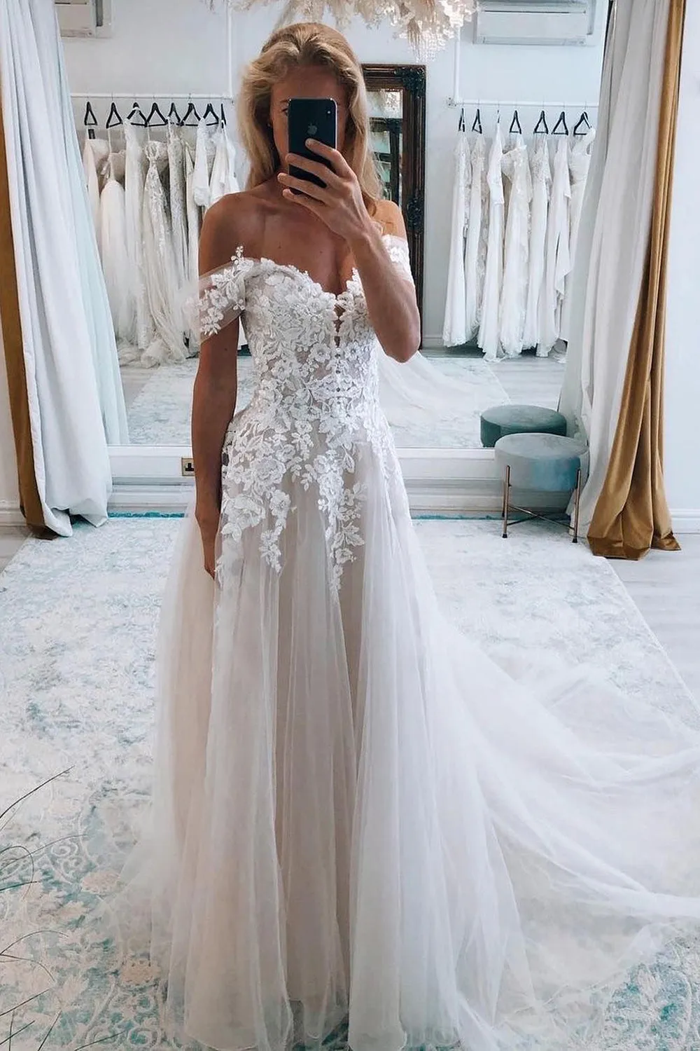Noor | A-Line Ivory Off the Shoulder Long Wedding Dress with Lace Appliques sold by KissProm