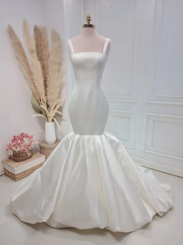 Mermaid Simple Satin White Wedding Dress Sweep Train Bridal Gown sold by KissProm