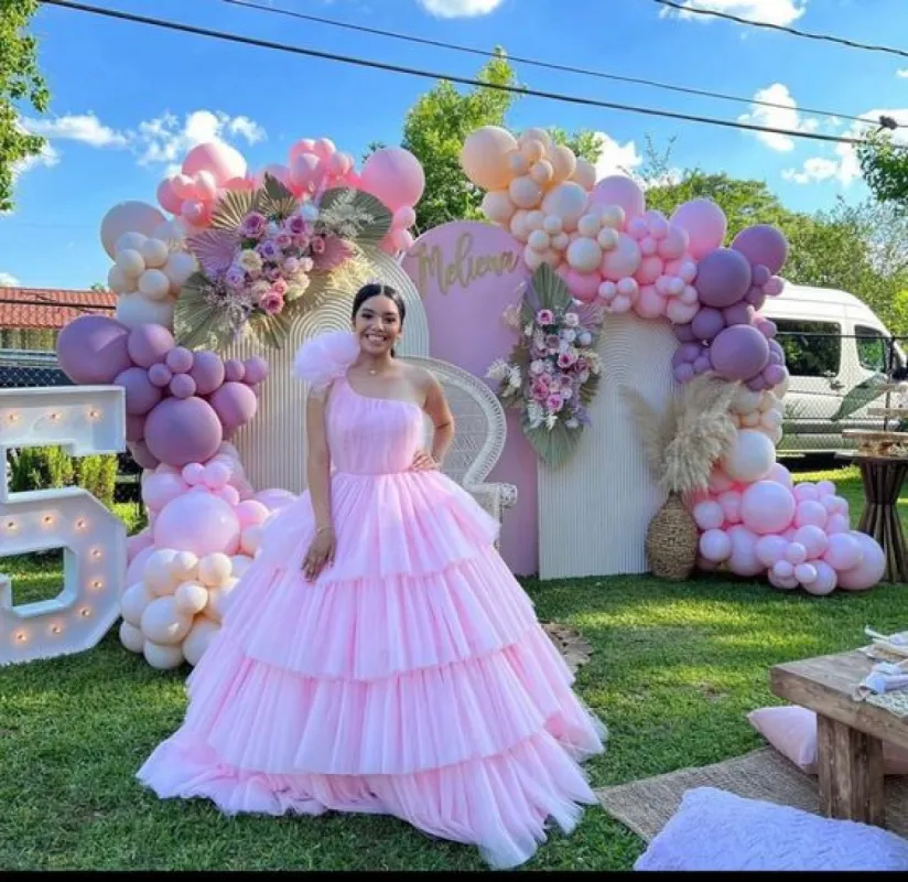 Pink A-line Tiered One Shoulder Tulle Ball Gown Pink Quinceanera Dresses sold by KissProm