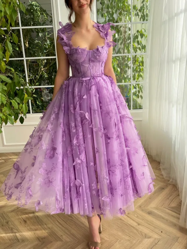 Leah | Aline Tulle Midi Prom Dress with 3D Butterflies sold by KissProm