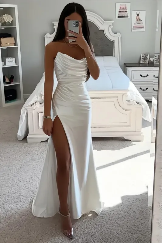 Mermaid Sweetheart White Long Prom Dress with Split Front sold by KissProm