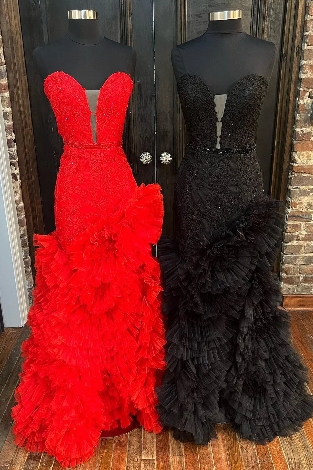 Beverly | Strapless Cut-Out Back Ruffle Layers Mermaid Prom Dress sold by KissProm