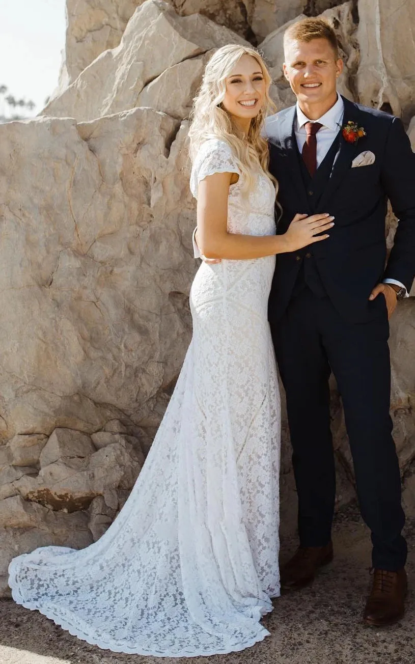 Modest Sheath Square V-neck Lace Wedding Dress with Short Sleeve Sweep Train sold by KissProm product image thumbnail 3