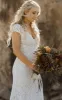Modest Sheath Square V-neck Lace Wedding Dress with Short Sleeve Sweep Train sold by KissProm