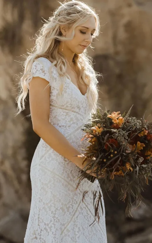 Modest Sheath Square V-neck Lace Wedding Dress with Short Sleeve Sweep Train sold by KissProm