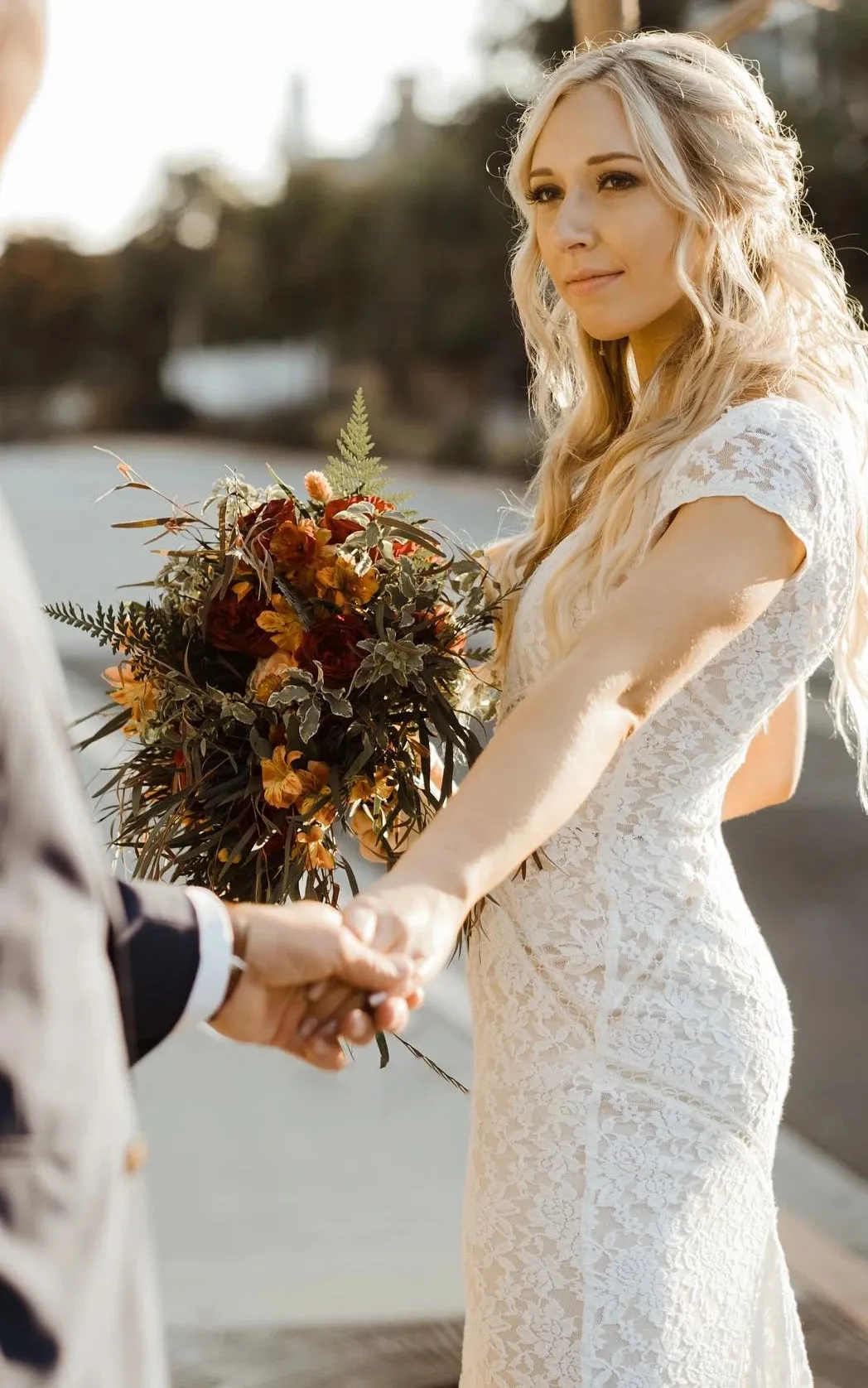 Modest Sheath Square V-neck Lace Wedding Dress with Short Sleeve Sweep Train sold by KissProm product image thumbnail 2