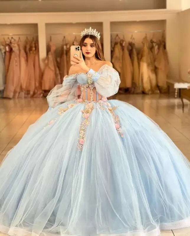 Sky Blue Quinceanera Dresses with 3D Flowers and Half Sleeve sold by KissProm