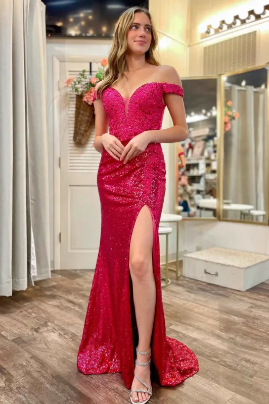 Mermaid Off the Shoulder Magenta Sequin Prom Dress with Appliques made by KissProm