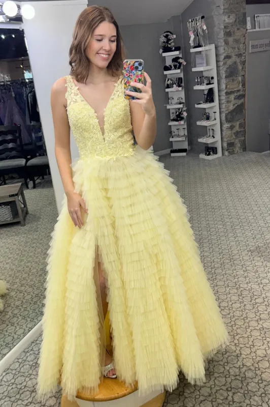 Yellow Plunge V Ruffle Tiered Long Prom Dress with Slit sold by KissProm