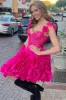 Laticia | Fuchsia Spaghetti Straps A-Line Short Corset Homecoming Dress with 3D Flowers sold by KissProm