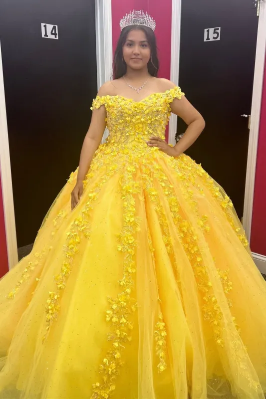 Quinceanera Dress Yellow Off-the-Shoulder Ball Gown with 3D Floral Lace sold by KissProm