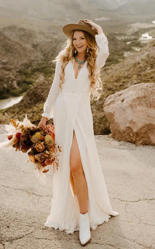 Leilani | A-Line Sleeved Chiffon Wedding Dress with Sweep Train and Slit sold by KissProm