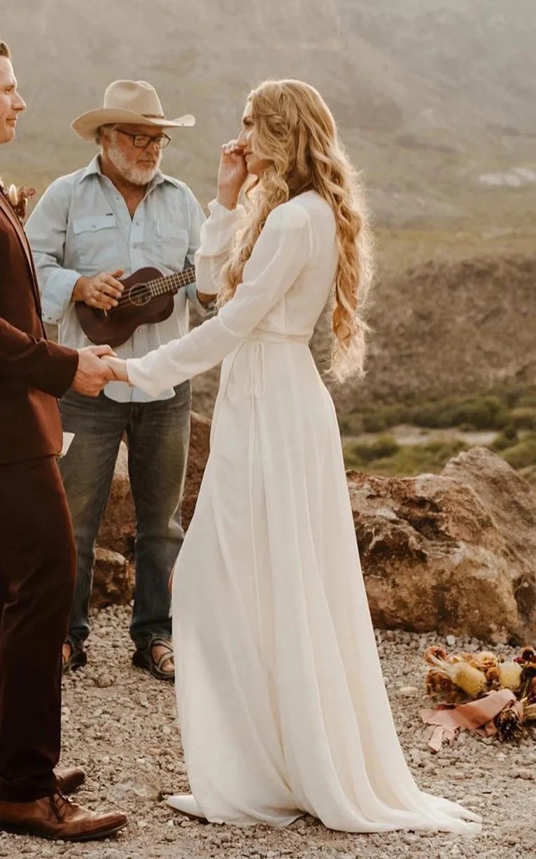 Leilani | A-Line Sleeved Chiffon Wedding Dress with Sweep Train and Slit sold by KissProm product image thumbnail 2