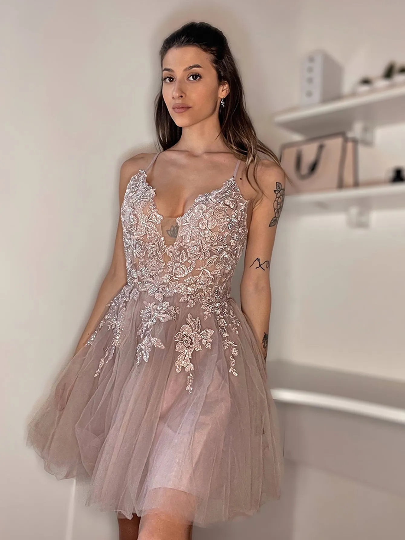 Anya | A Line Applique BlushTulle Short Homecoming Dress sold by KissProm
