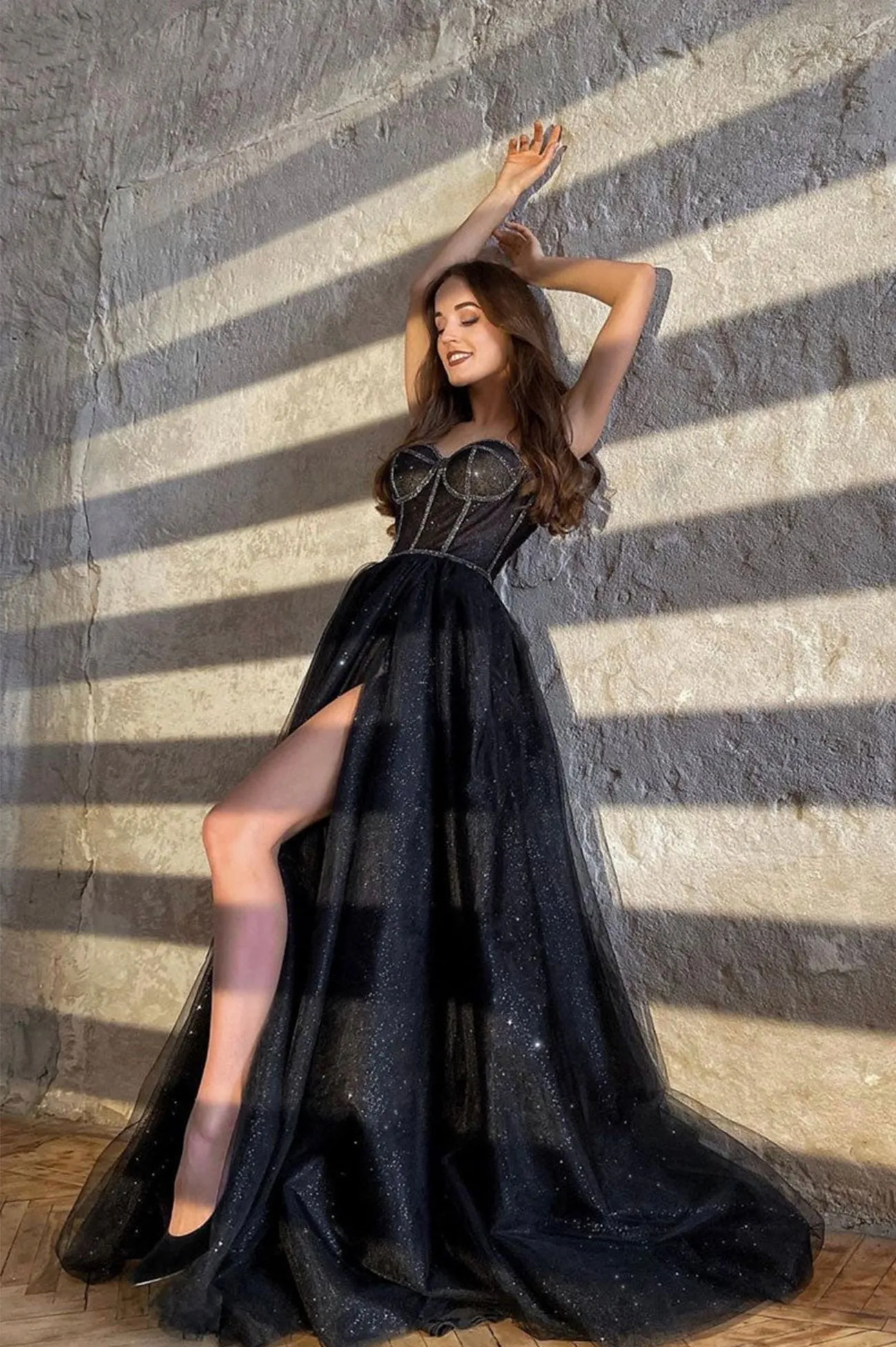 Zendaya | Black Shiny Tulle Floor Length Prom Dress Black Evening Dress with Slit sold by KissProm