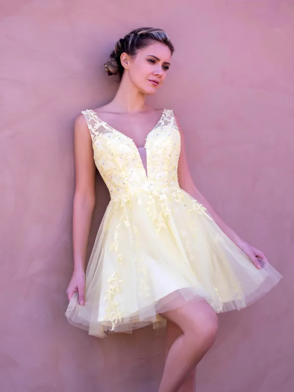 Low V Back Applique Tulle Mini Length Homecoming Dress sold by KissProm