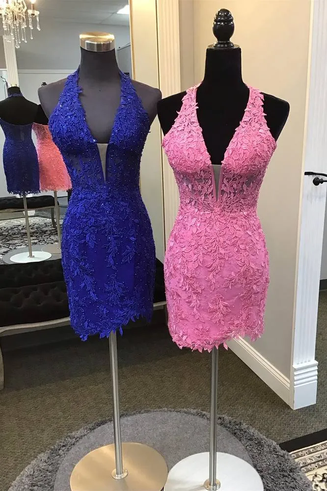 Cierra | Fitted Halter Appliques Short Homecoming Dress sold by KissProm