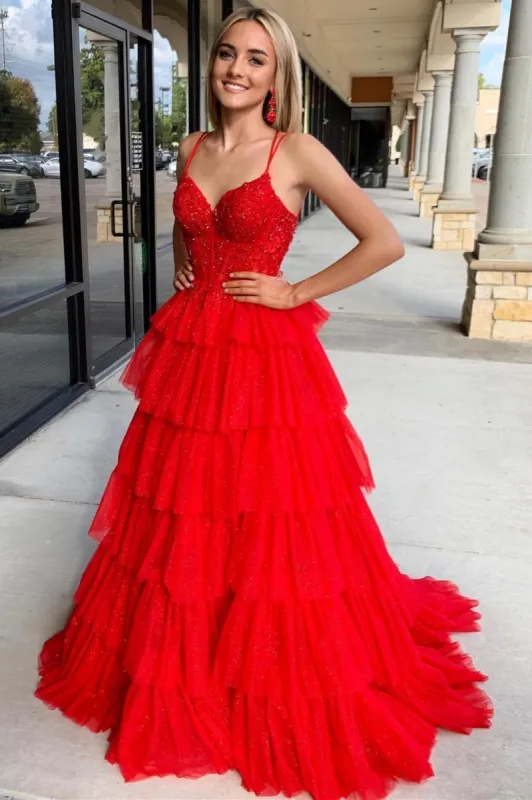 Tiered Ruffle Appliques Corset Long Prom Dress with Spaghetti Straps sold by KissProm