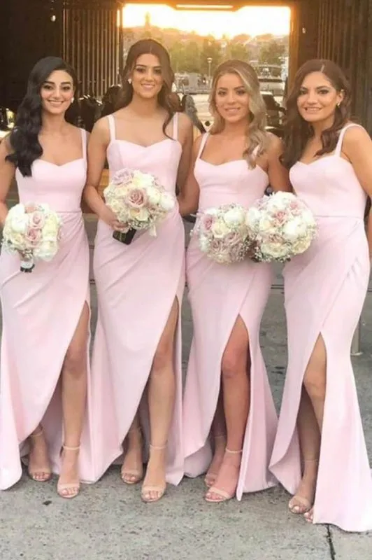 Pretty Sheath Sweetheart Pink Satin Split Long Bridesmaid Dresses sold by KissProm product image thumbnail 2