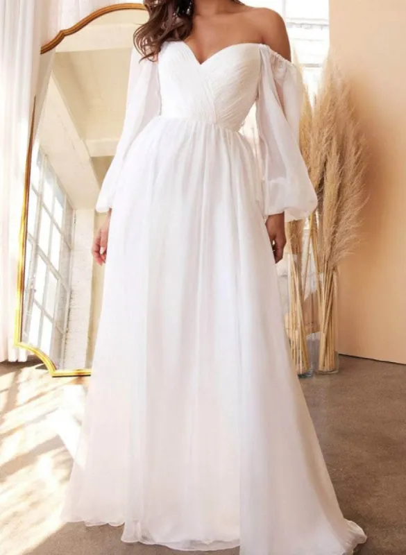 A-Line Off-the-Shoulder Long Sleeves Chiffon Floor-Length Wedding Dress sold by KissProm