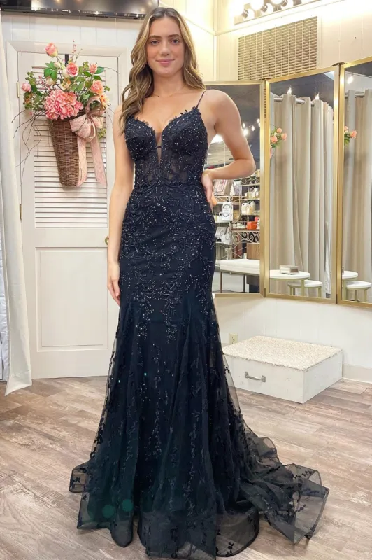 Black Appliques Plunge V Lace-Up Trumpet Prom Gown sold by KissProm