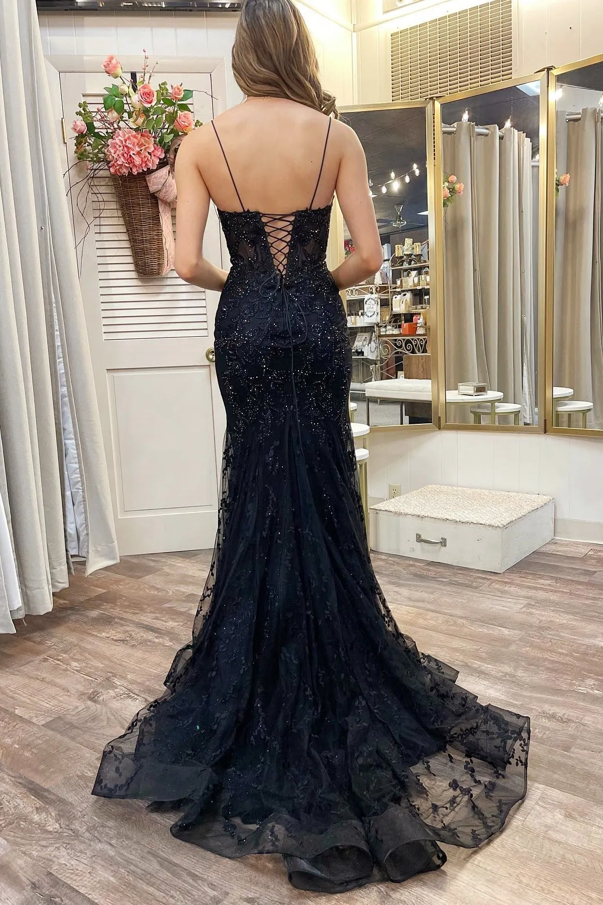 Black Appliques Plunge V Lace-Up Trumpet Prom Gown sold by KissProm product image thumbnail 3