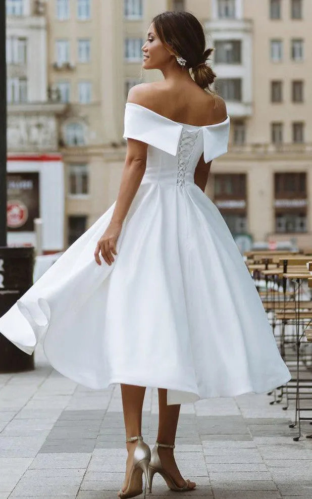 A-Line Satin Tea Length White Off the Shoulder Wedding Dress sold by KissProm product image thumbnail 2