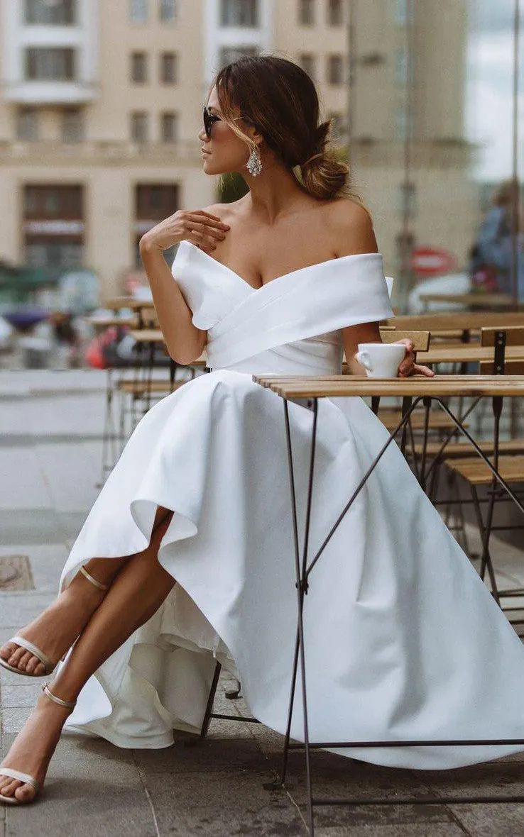 A-Line Satin Tea Length White Off the Shoulder Wedding Dress sold by KissProm product image thumbnail 3