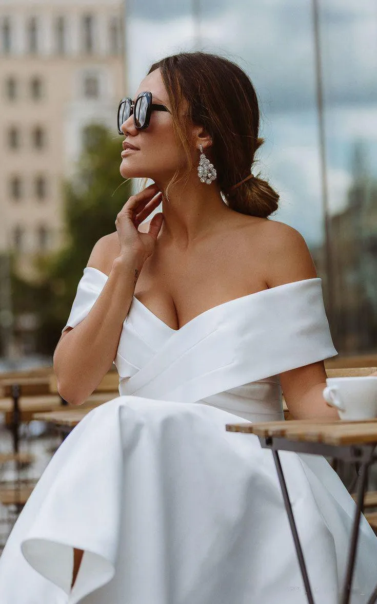A-Line Satin Tea Length White Off the Shoulder Wedding Dress sold by KissProm product image thumbnail 4