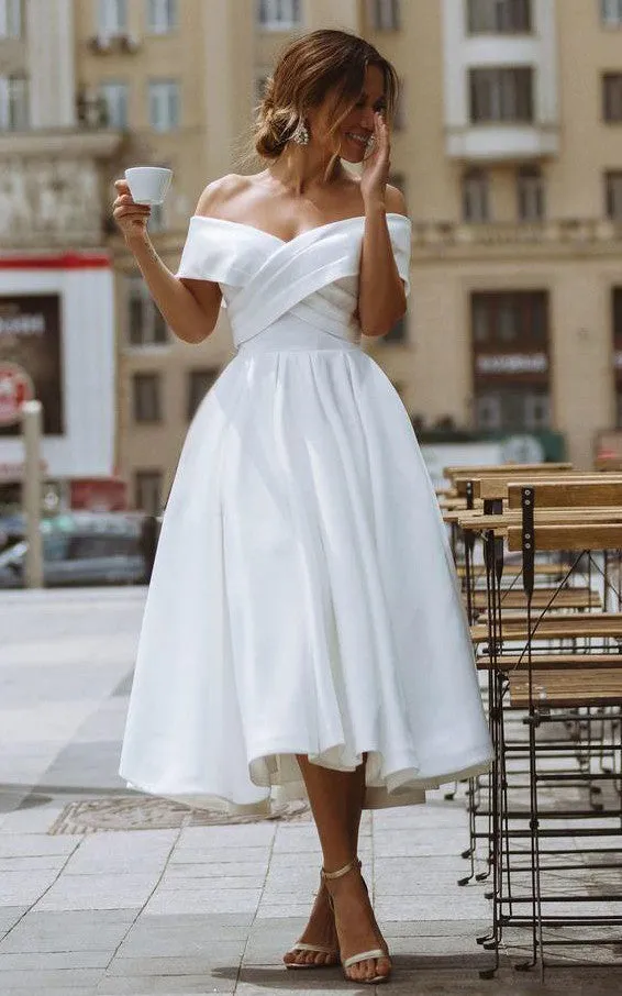 A-Line Satin Tea Length White Off the Shoulder Wedding Dress sold by KissProm