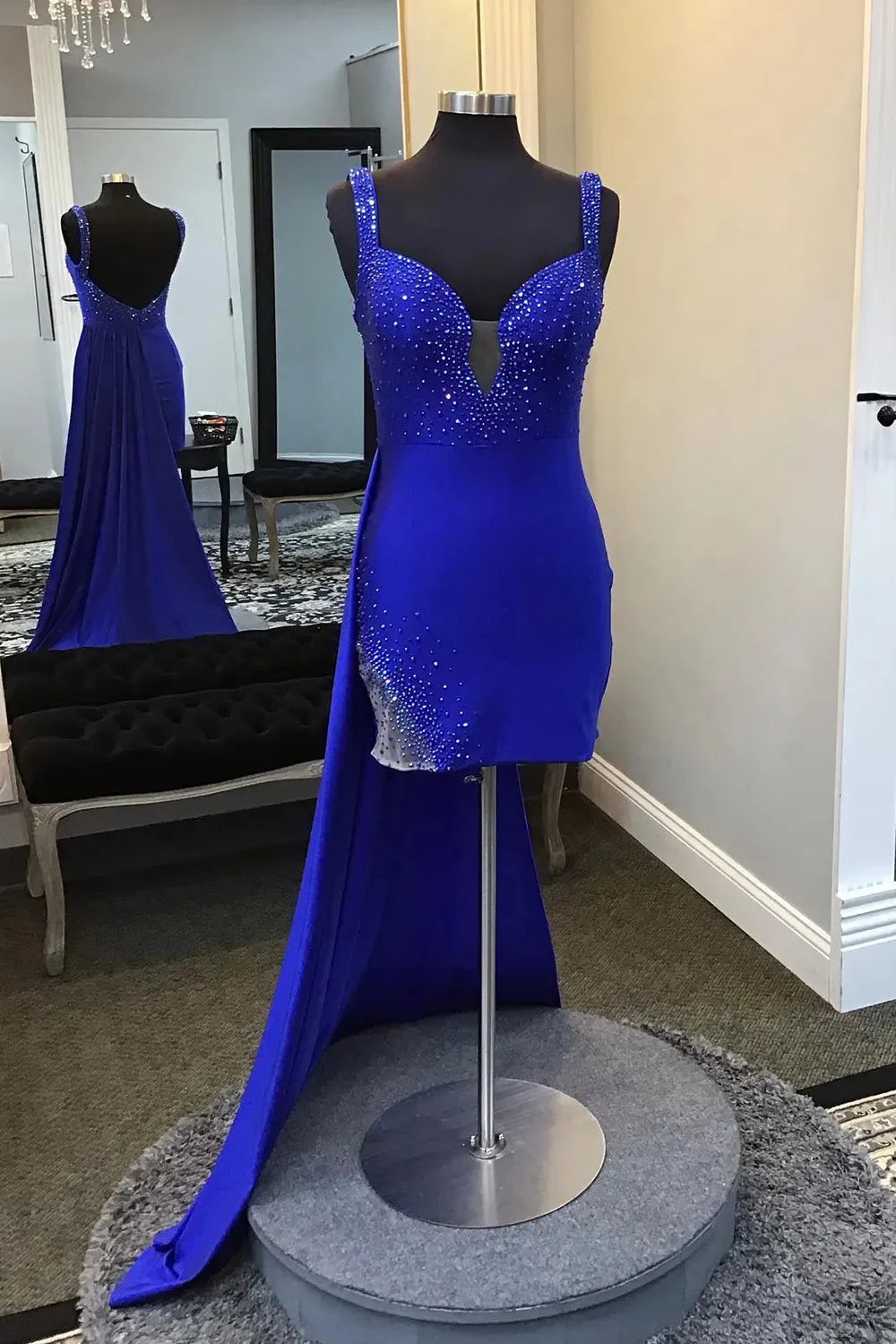 Royal Blue Spaghetti Straps Beaded Bodycon Homecoming Dress with Open Back sold by KissProm