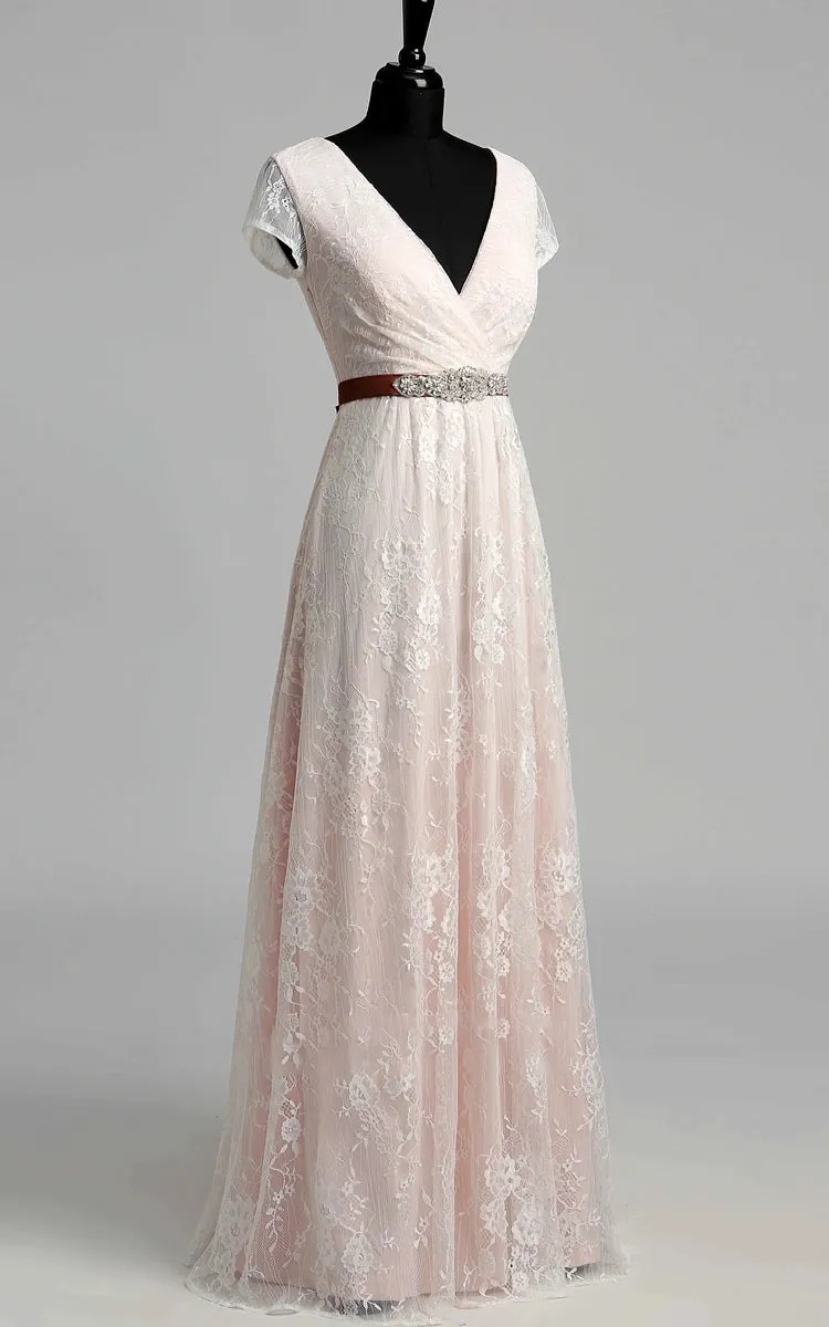 Rafferty | Short Sleeve V-neck Pleated Long Lace Wedding Dress sold by KissProm