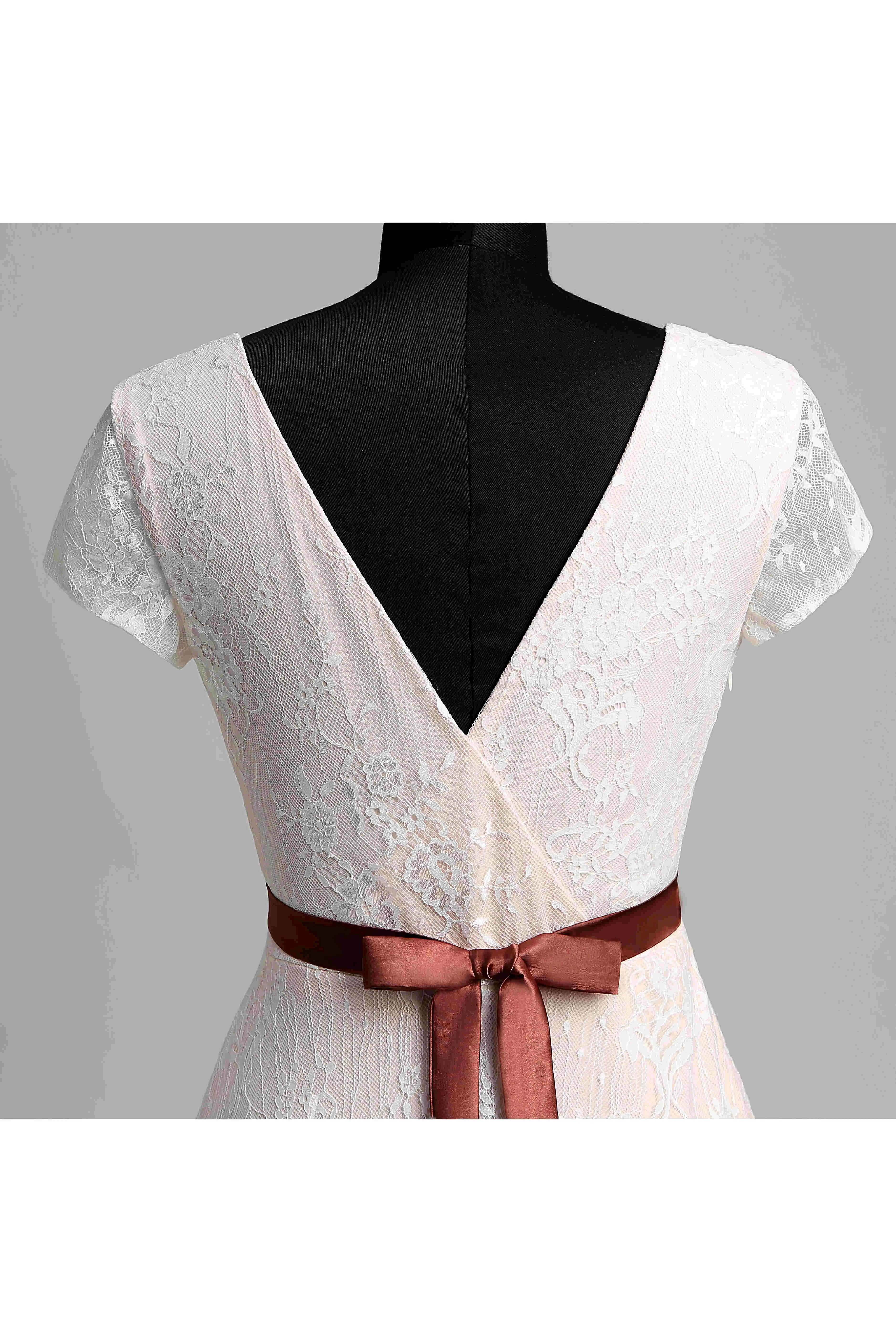 Rafferty | Short Sleeve V-neck Pleated Long Lace Wedding Dress sold by KissProm product image thumbnail 4