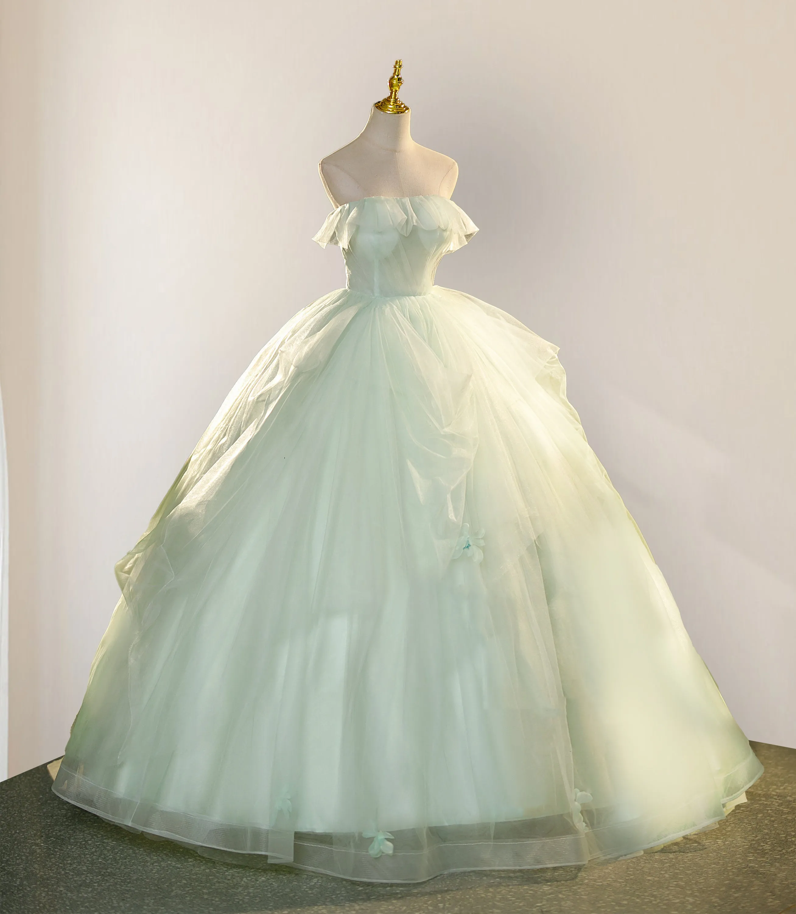 Elegant 3D Flowery Lace Sage Green Tulle Fairy Ball Gown sold by KissProm product image thumbnail 3