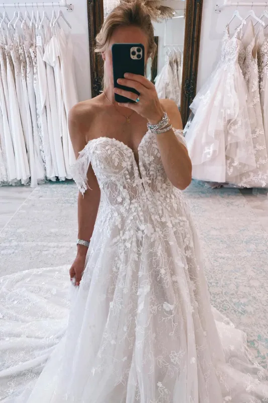 Carly | Ivory Off the Shoulder Long Lace Mermaid Wedding Dress with Appliques sold by KissProm