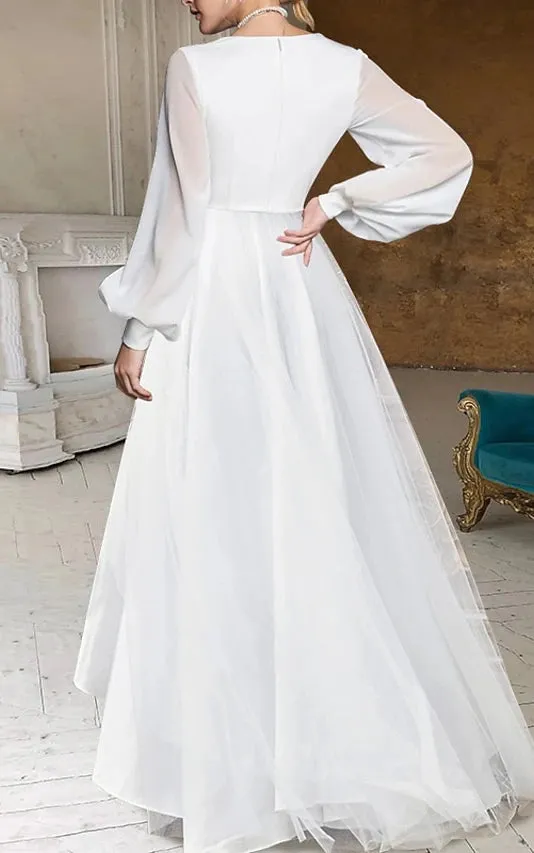 A-Line V-Neck Long Sleeves Elegant Casual Asymmetrical Chiffon Wedding Dress with Zipper Back sold by KissProm product image thumbnail 3