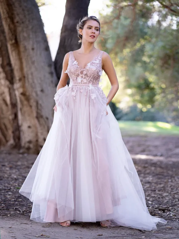 V-neck Appliques and 3D Flowers Lace Tulle Prom Dress sold by KissProm