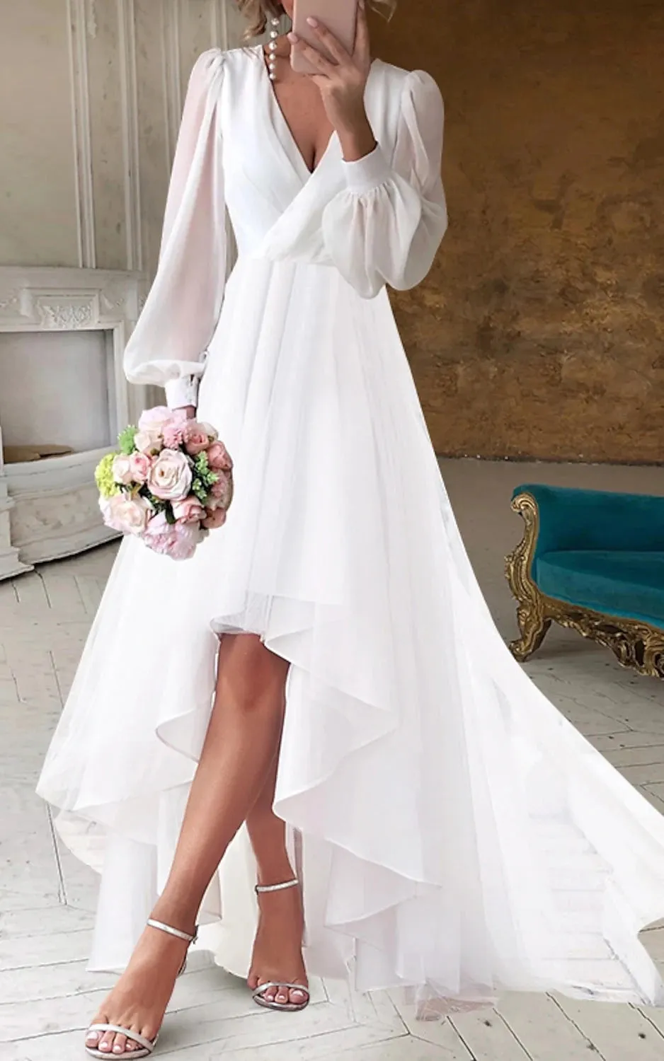 A-Line V-Neck Long Sleeves Elegant Casual Asymmetrical Chiffon Wedding Dress with Zipper Back sold by KissProm