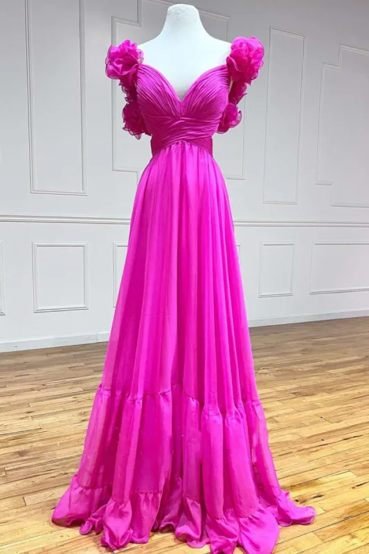 Lace-Up Fuchsia V-Neck Ruffle Pleated Long Prom Dress sold by KissProm