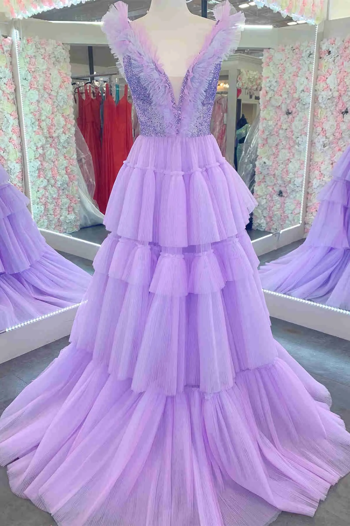 Stacy | Sequin Top Lavender Tiered Tulle Long Formal Dress sold by KissProm