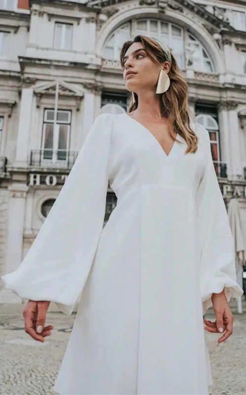 Melrose | Modest A-Line Long Sleeve Short Wedding Dresses with Sleeves Unique White V-Neck sold by KissProm