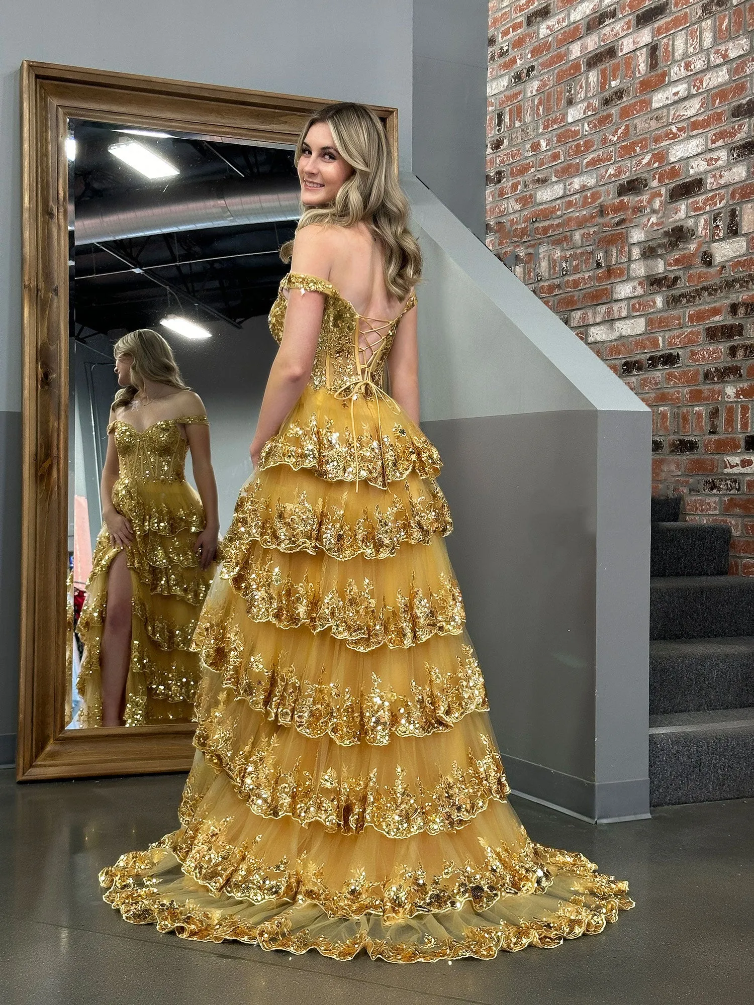 Gold Princess A Line Off the Shoulder Corset Prom Dress with Lace Ruffles sold by KissProm product image thumbnail 3