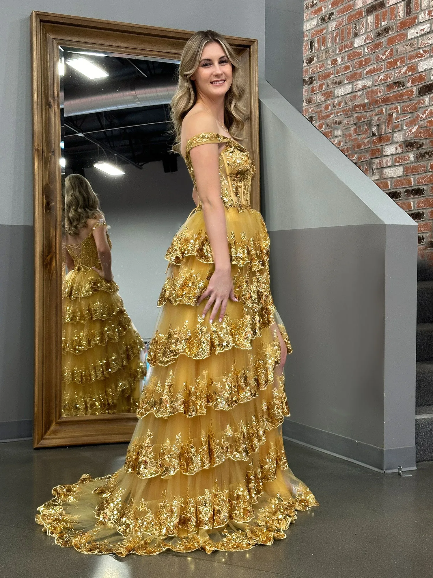 Gold Princess A Line Off the Shoulder Corset Prom Dress with Lace Ruffles sold by KissProm product image thumbnail 4